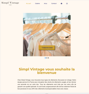 Page d'accueil du site Simpl Vintage avec un carrousel et une présentation.