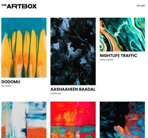 Page d'accueil du site the Artbox présentant les oeuvres d'art de la galerie.